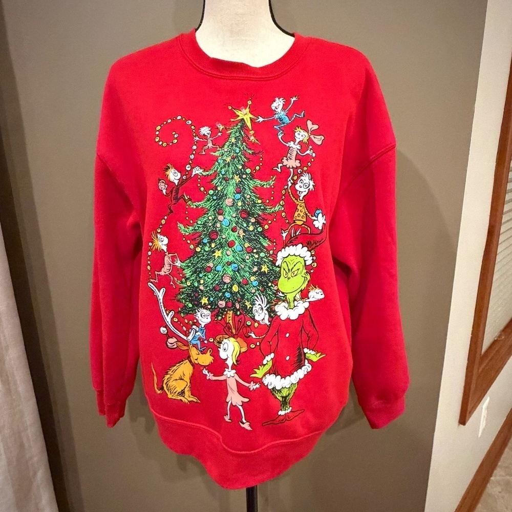 Dr. Seuss Women's Grinch Ugly Sweater Crew Sweatshirt, Size Large